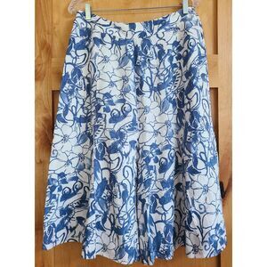 JM 100% Linen Blue White Midi Skirt Sz 10 Summer Coastal Grandma Floral‎ Zip Up